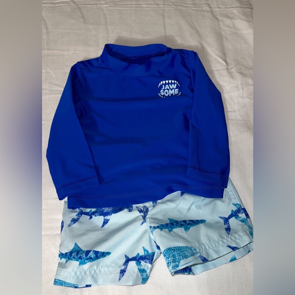 Shark rash guard and swim trunk set